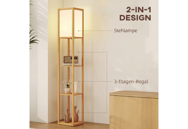HOMCOM Stehleuchte MDF L26 x B26 x H160 cm Rotbuchefarbe+Weiß
