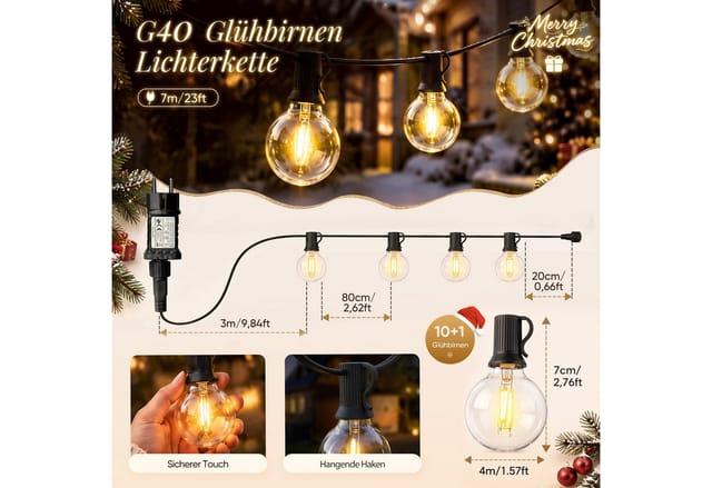 Salcar LED Solarleuchte Lichterkette Outdoor Solar 7-23M Gartenleuchten LED Lichterkette Außen, 7,2 m / 10+1 LED-Birnen / Timer / Netzstecker