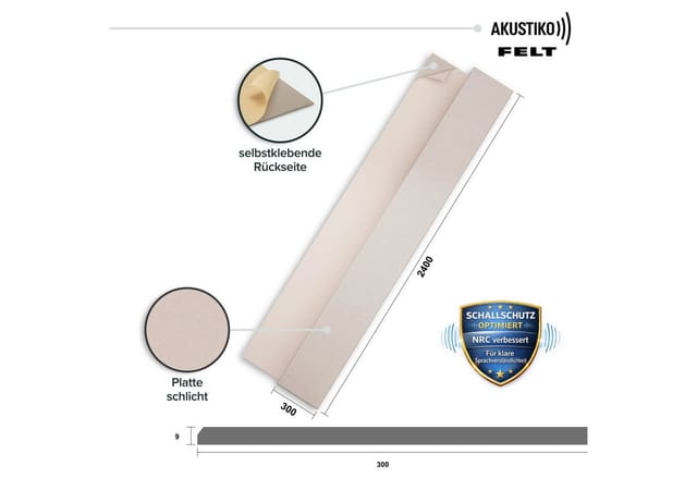 AKUSTIKO Schallschutzpaneel, BxL: 30x240 cm, (Selbstklebend 240x30cm - 8 Stück Beige Akustik Wandpaneele Schallschutz & Raumakustik Panels Filz 9mm Hexim Decken- & Wandverkleidung Decken Modul (5.76m)