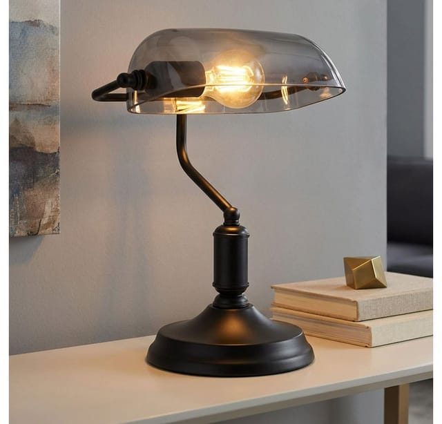 Schreibtischleuchte Bankerlampe Tischlampe Schwarz Rauchglas Leseleuchte , 1x E27, Lxh 25x32 Cm