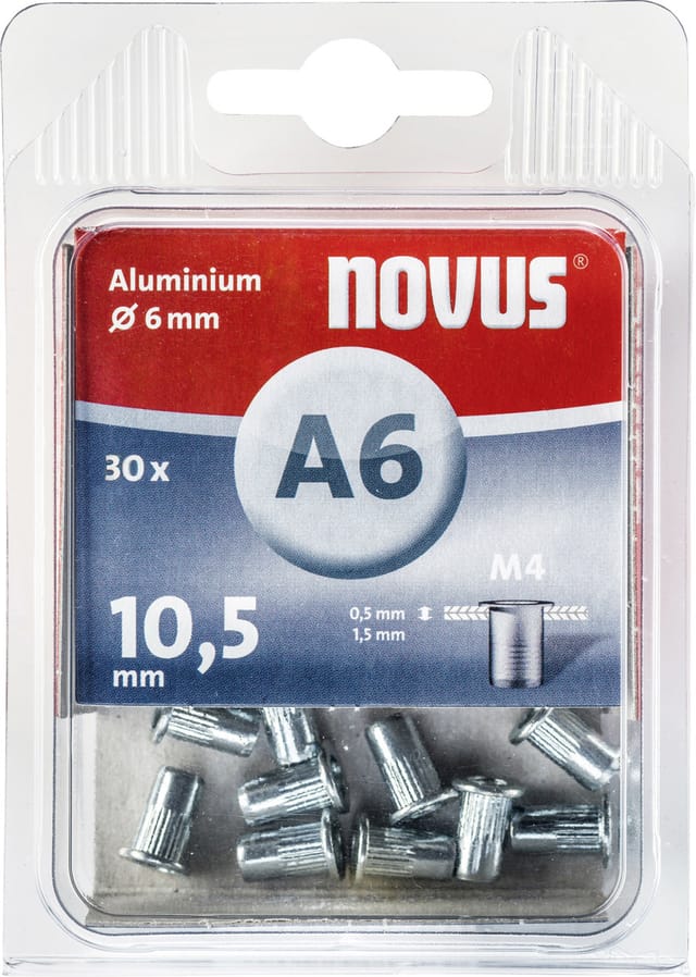 Novus - Blindnietmutter A6/10,5 M4 Gewinde Alu 30 Stück Blindmuttern