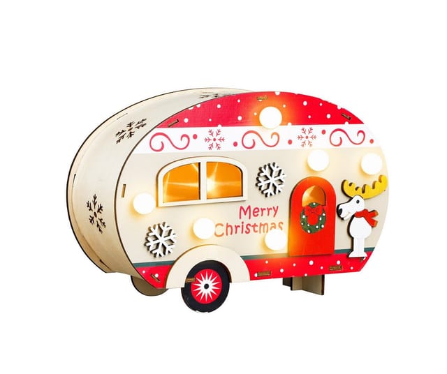 Led Deko Holz Wohnwagen Mit Beleuchtung - 21 X 14 Cm - Weihnachts Caravan Mit 10 Led In Warm Weiß - Advent Winter Weihnachten Tischdeko Weihnachtsdeko Fensterdeko Deko Aufsteller Weihnachtsdorf Zubehö
