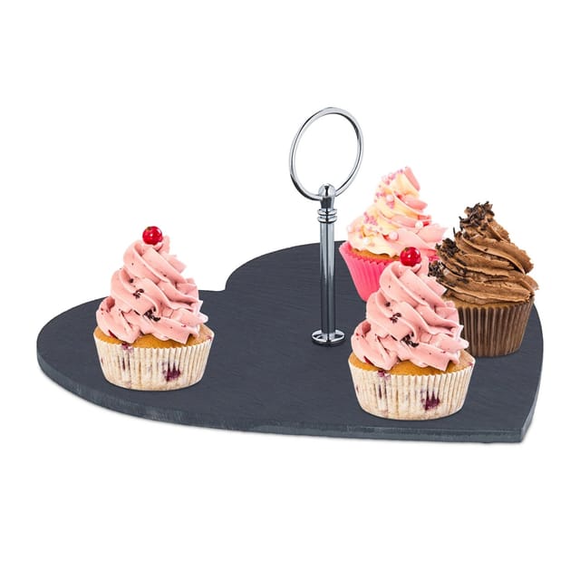 Schieferplatte Herzform, Servierplatte Mit Griff, 25 X 25 Cm, Zum Servieren Von Käse, Sushi, Desserts, Schwarz - Relaxdays