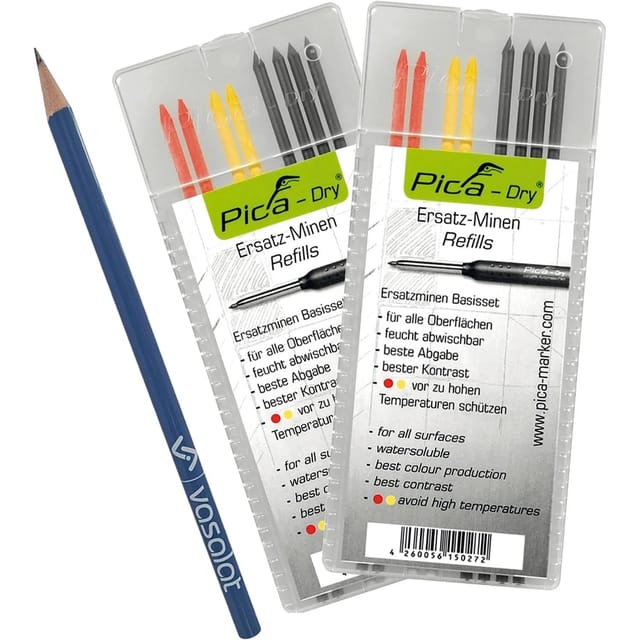 Pica Dry Minen Set - 16 Stück Tieflochmarker Ersatzminen Für Alle Oberflächen In Graphit/rot/gelb