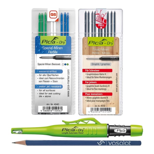 Pica Marker Set - Pica Dry Tieflochmarker + 10 Ersatzminen Härte H + 8 Ersatzminen Wasserstrahlfest In Blau/weiß/grün
