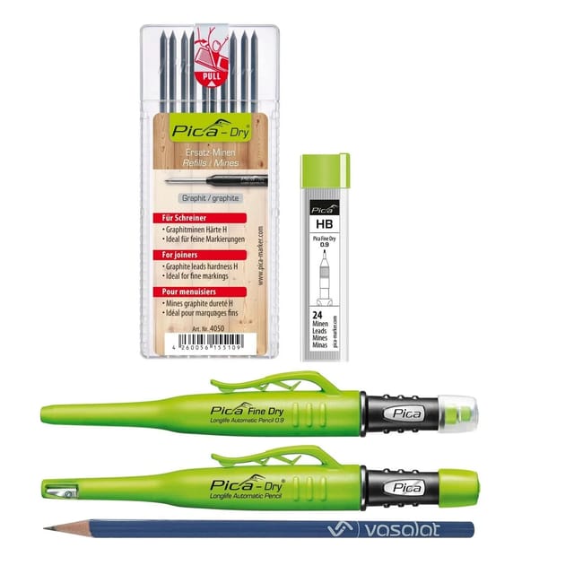 Pica Marker Set - Pica Fine Dry 0.9 + Pica Dry + 10 Stück Ersatzminen Graphit Härte H + 24 Stück Ersatzminen Graphit Hb