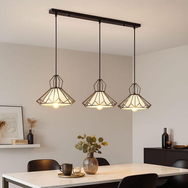 Hängeleuchte Wohnzimmerleuchte Pendellampe Esszimmerlampe Küchenlampe Flurleuchte, 3 Flammig, Metall Textil Schwarz Weiß, E27, L 120 Cm