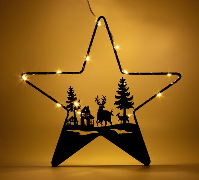 Led Stern Silhouette Schwarz Mit Weihnachts Motiv - 30 Cm - Deko Aufhänger Mit 14 Led In Warm Weiß Beleuchtet - Schattenbild Winter Szene Weihnachtsdeko Solhouettenbild