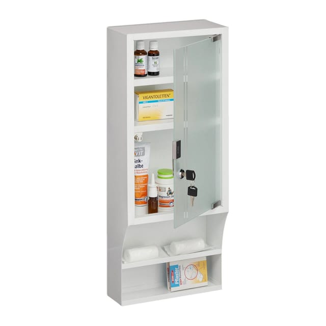 Medizinschrank, Glastür, Abschließbar, 5 Fächer, Hbt 65x27x12 Cm, Für Medikamente, Arzneischrank Hängend, Weiß - Relaxdays