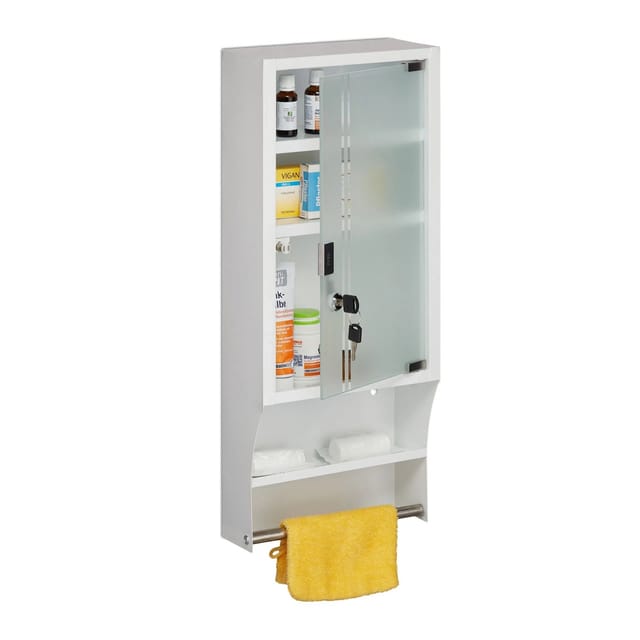 Medizinschrank, Glastür, Abschließbar, 4 Fächer, Hbt 65x27x12 Cm, Für Medikamente, Arzneischrank Hängend, Weiß - Relaxdays