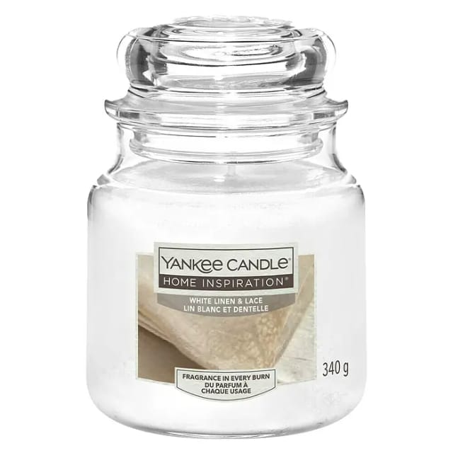 Yankee Candle Duftkerze Mittleres Glas White Linen & Lace 340 G, Weiß Kerze Duft Kerze
