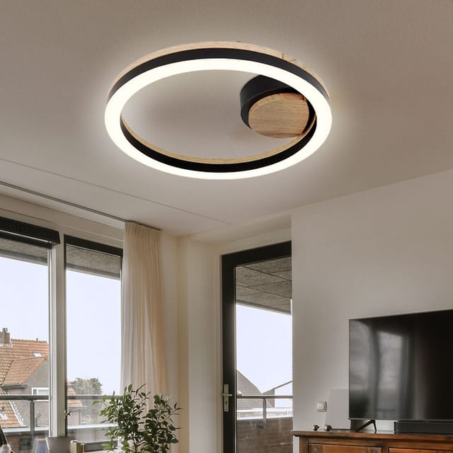 Deckenleuchte Deckenlampe Led Wohnzimmerlampe Flurleuchte, Metall Schwarz Holzoptik Mdf Kunststoff Opal, 12w 600lm 3000k Warmweiß, D 30 Cm