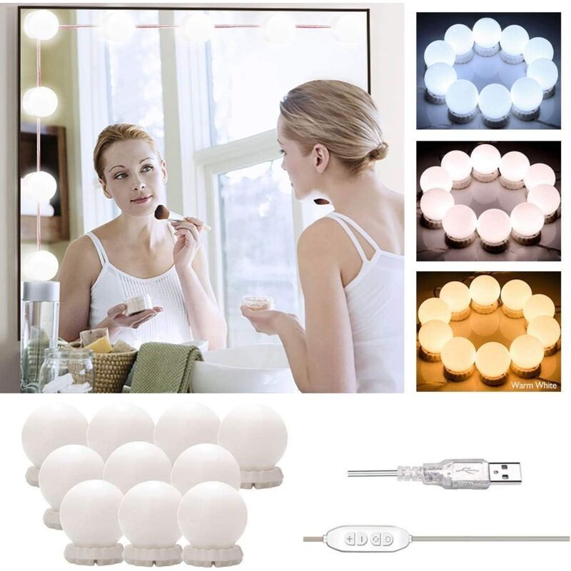 Lumière De Miroir, Hollywood Kit De Lumière Led, 10 Ampoules Lampes De Maquillage Guirlande, Usb Coiffeuse Lampe De Cosmétique Avec 10 Marches Luminosité & 3 Modes (miroir Non Inclus & Adaptateur)
