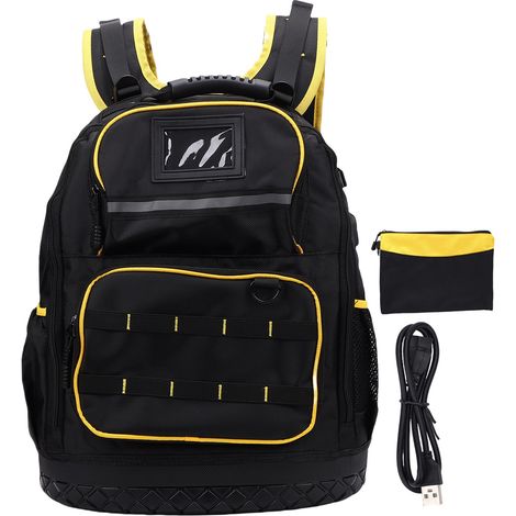 Werkzeugrucksack Mit Mehreren Taschen, Gepolstertem Laptopfach, Aus Oxford-gewebe, Festem Boden Und Usb-c-kabeltasche.