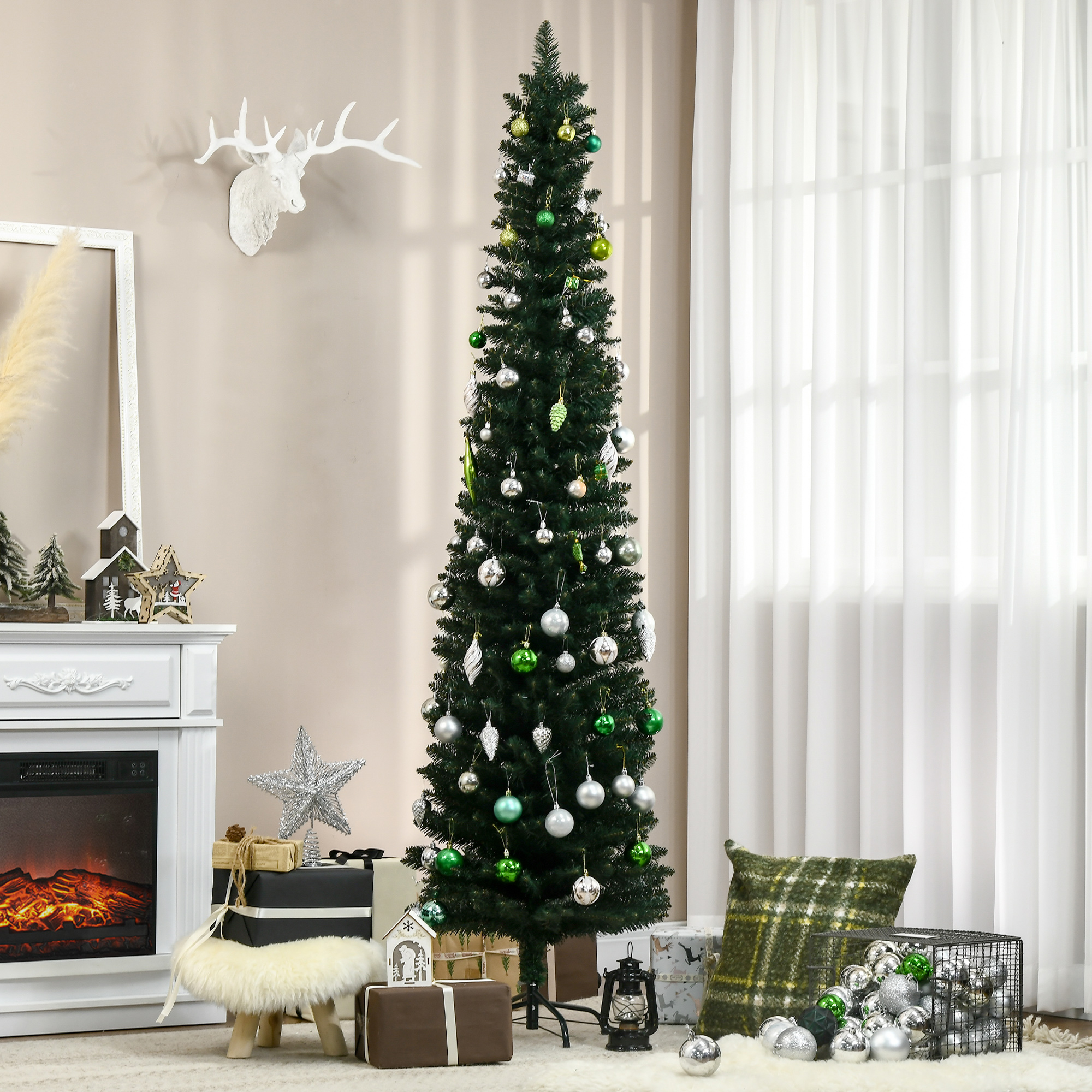 Künstlicher, Schmaler Weihnachtsbaum, 210 Cm Hoch, Mit 510 Zweigen, Faltbarem Fuß Und Metallständer, Einfache Montage, Grün