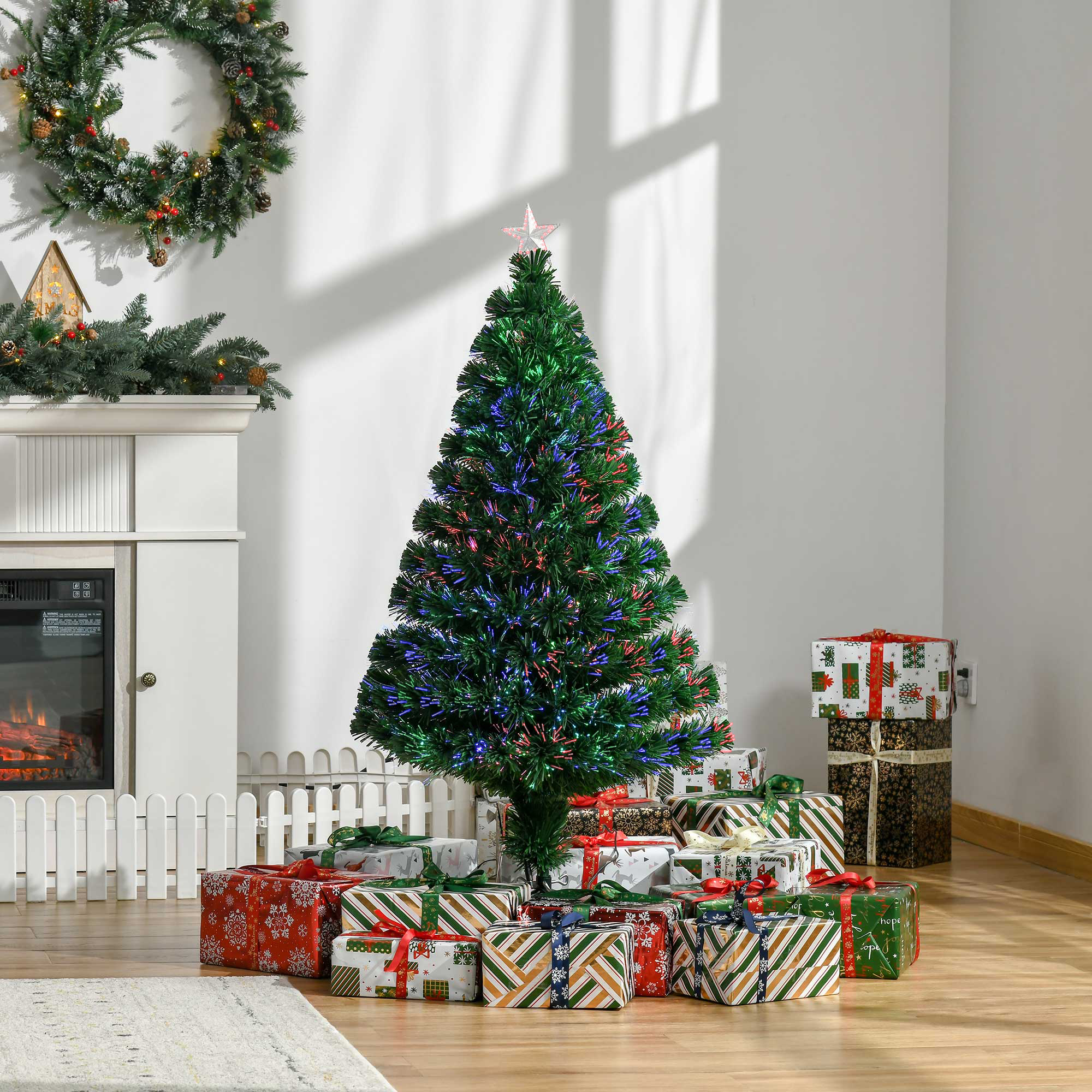 Homcom 120 Cm Künstlicher Weihnachtsbaum, Tanne Mit Ständer, Helle, Mehrfarbige Led-lichtleiter, Schwer Entflammbar