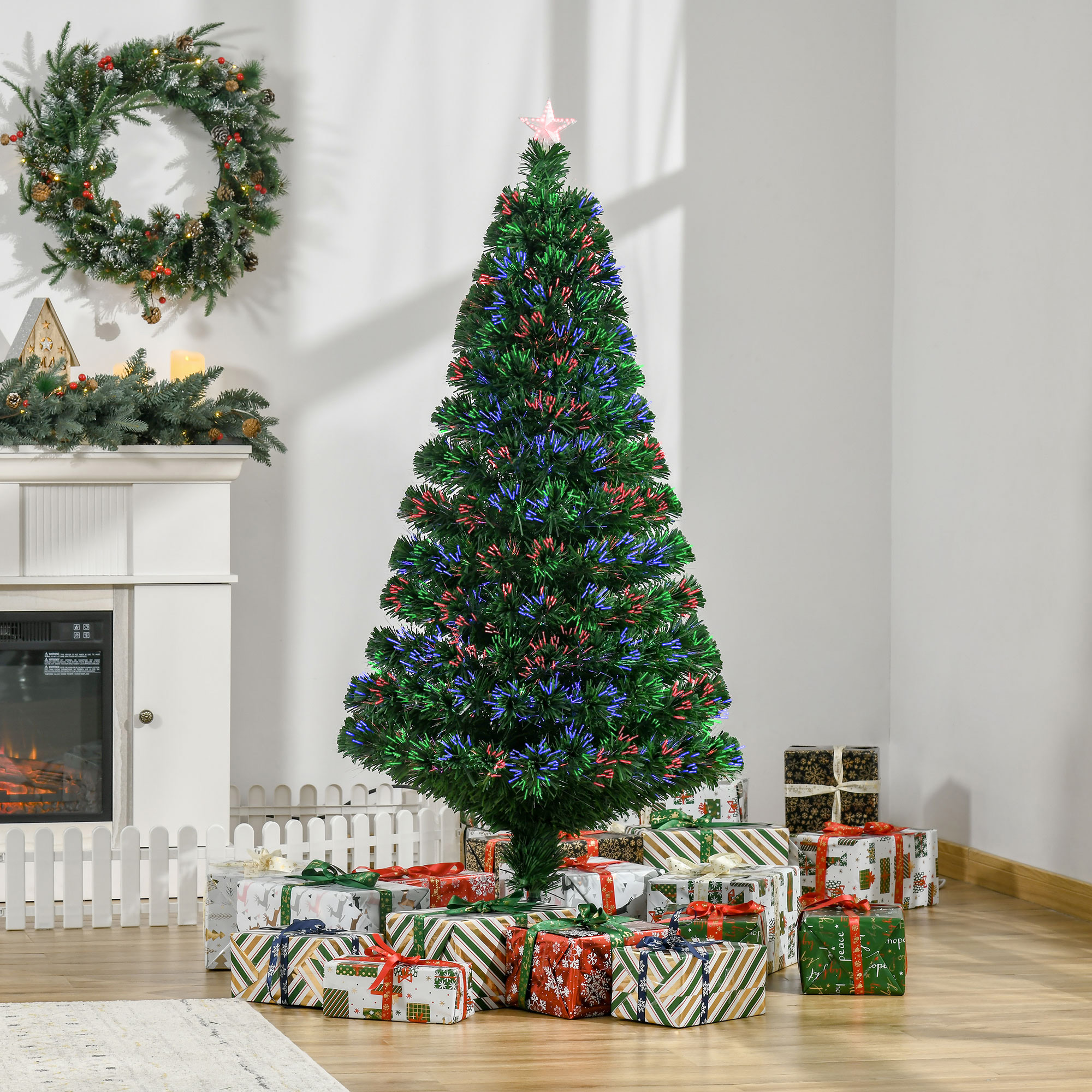 Homcom 150 Cm Künstlicher Weihnachtsbaum, Tanne Mit Ständer, Helle, Mehrfarbige Led-lichtleiter, Schwer Entflammbar