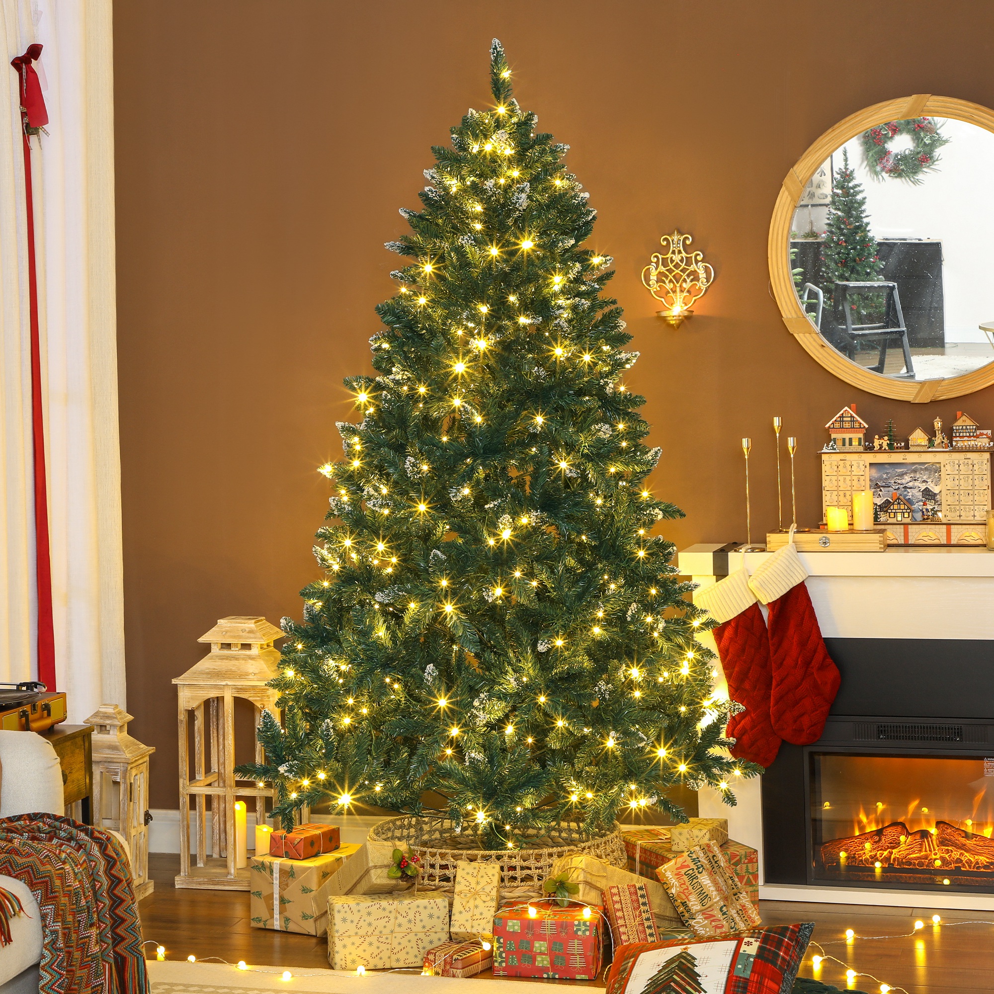 210 Cm Hoher Tannen-weihnachtsbaum Mit Led-beleuchtung, 9 Beleuchtungsmodi, 1160 Zweigen Und Künstlichem Grünen Schnee