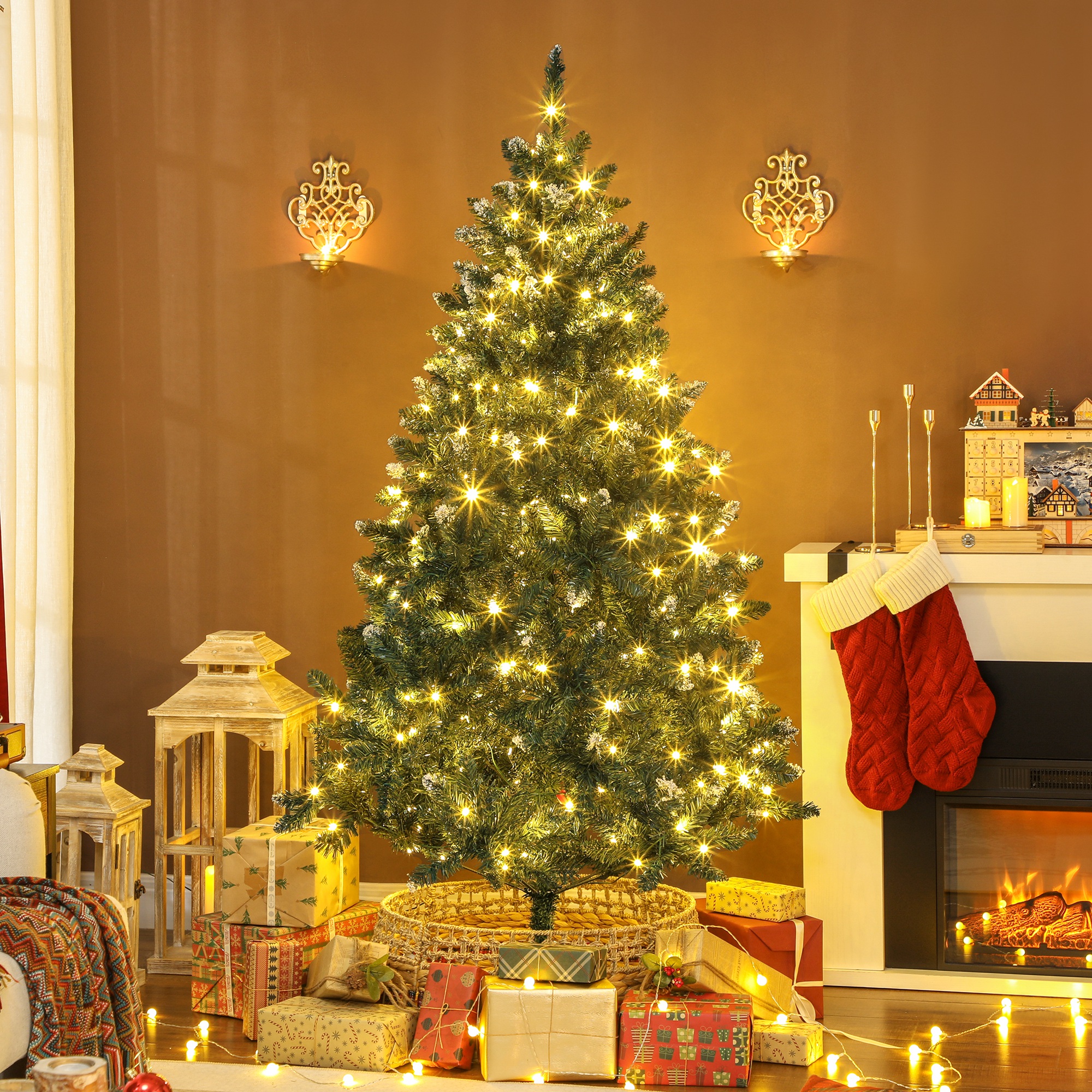 180 Cm Hoher Tannen-weihnachtsbaum Mit Led-beleuchtung, 9 Beleuchtungsmodi, 802 Zweigen Und Künstlichem Grünen Schnee