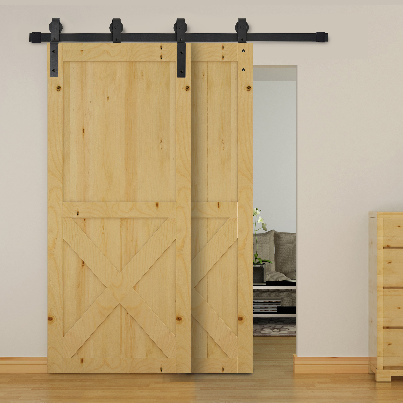 Schiebetürbeschlag-set 200 Cm, Kohlenstoffstahl, Zubehör Für 2 Holzschiebetüren, Schwarz