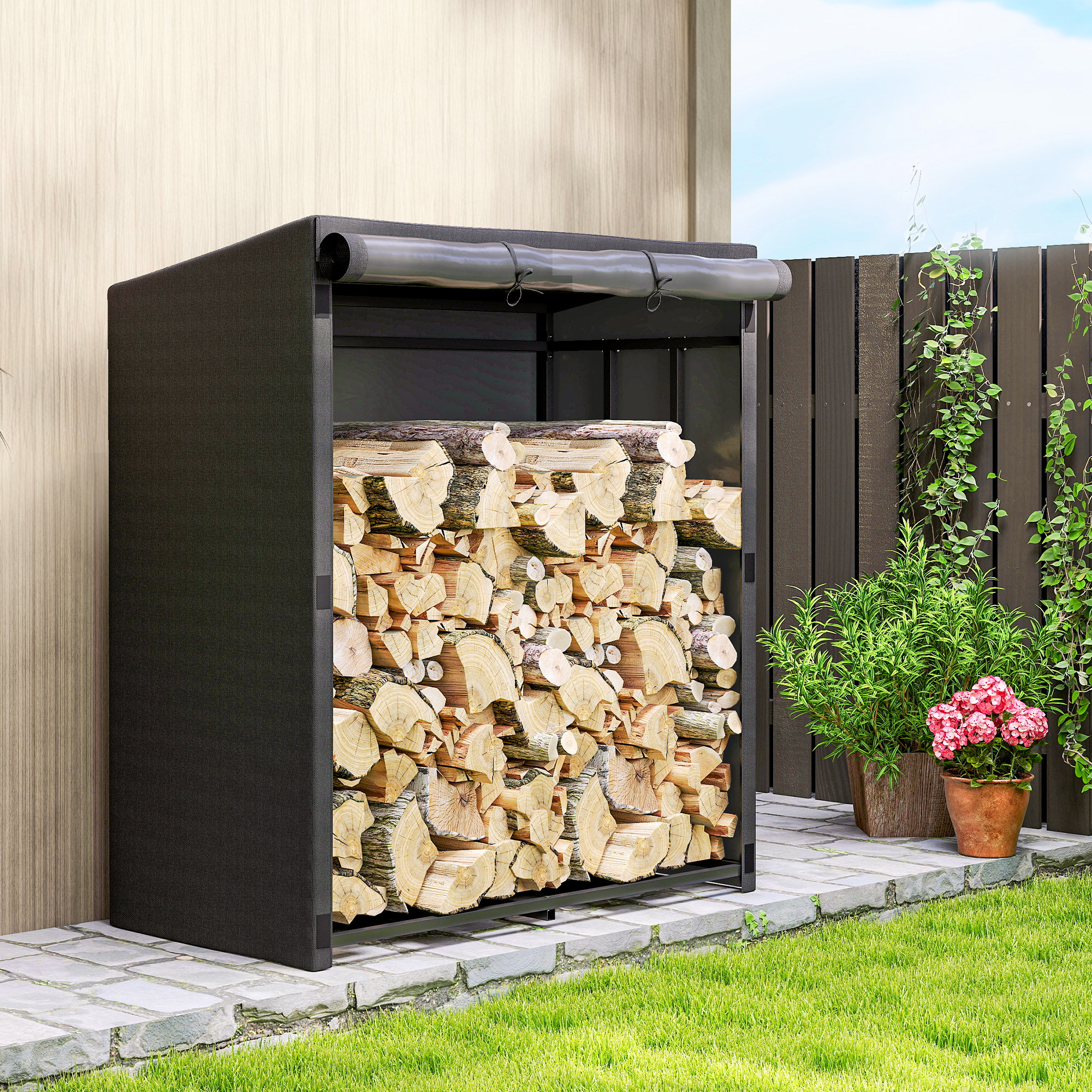 Metallenes Kaminholzregal Für Den Außenbereich Mit Wasserdichter Abdeckung, Tragkraft 300 Kg, 140 X 70 X 154 Cm, Schwarz