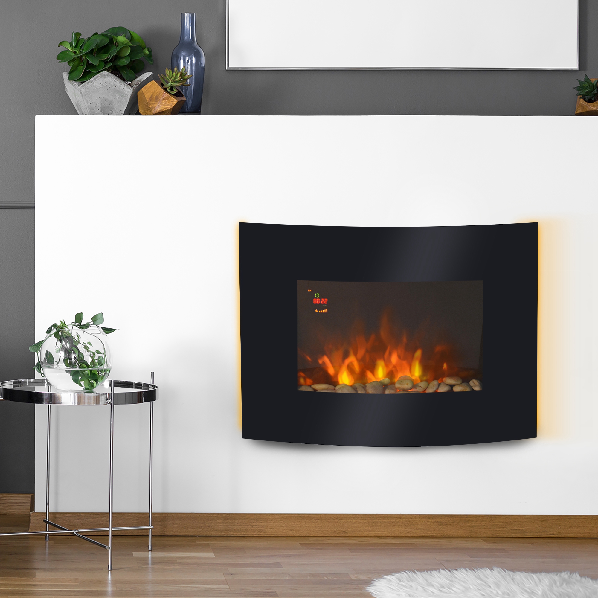 Homcom Elektrokamin 900w/1800w Dekorativer Wandkamin Mit Einstellbarer Temperatur, Atmosphärischem Flammeneffekt Und Fernbedienung Für Räume Von 25–30 M² 65 X 11,4 X 52 Cm Schwarz