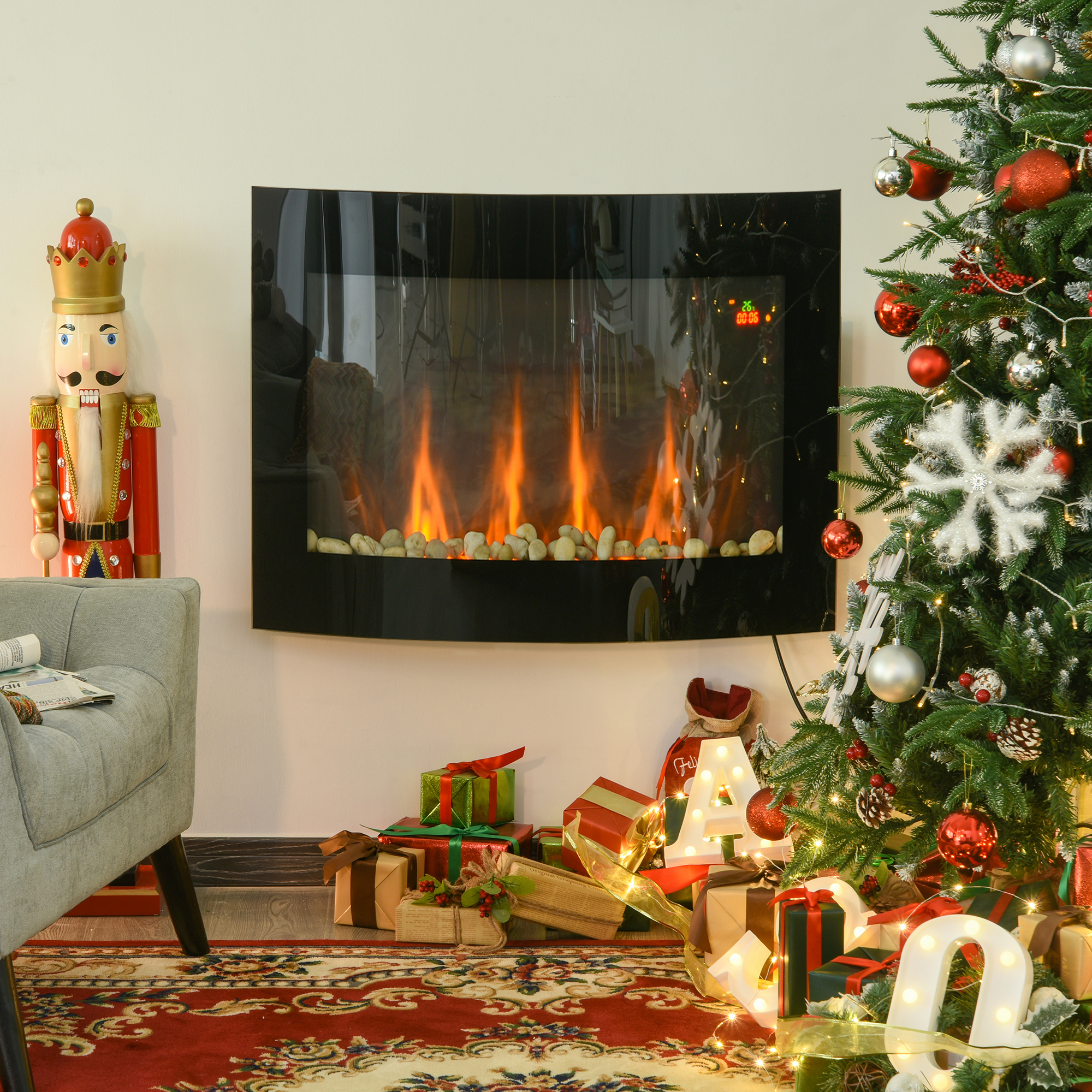 Elektrischer Wandkamin (900/1800 W), Geräuscharm, Mit Fernbedienung, Thermostat, Flammeneffekt, Schwarz