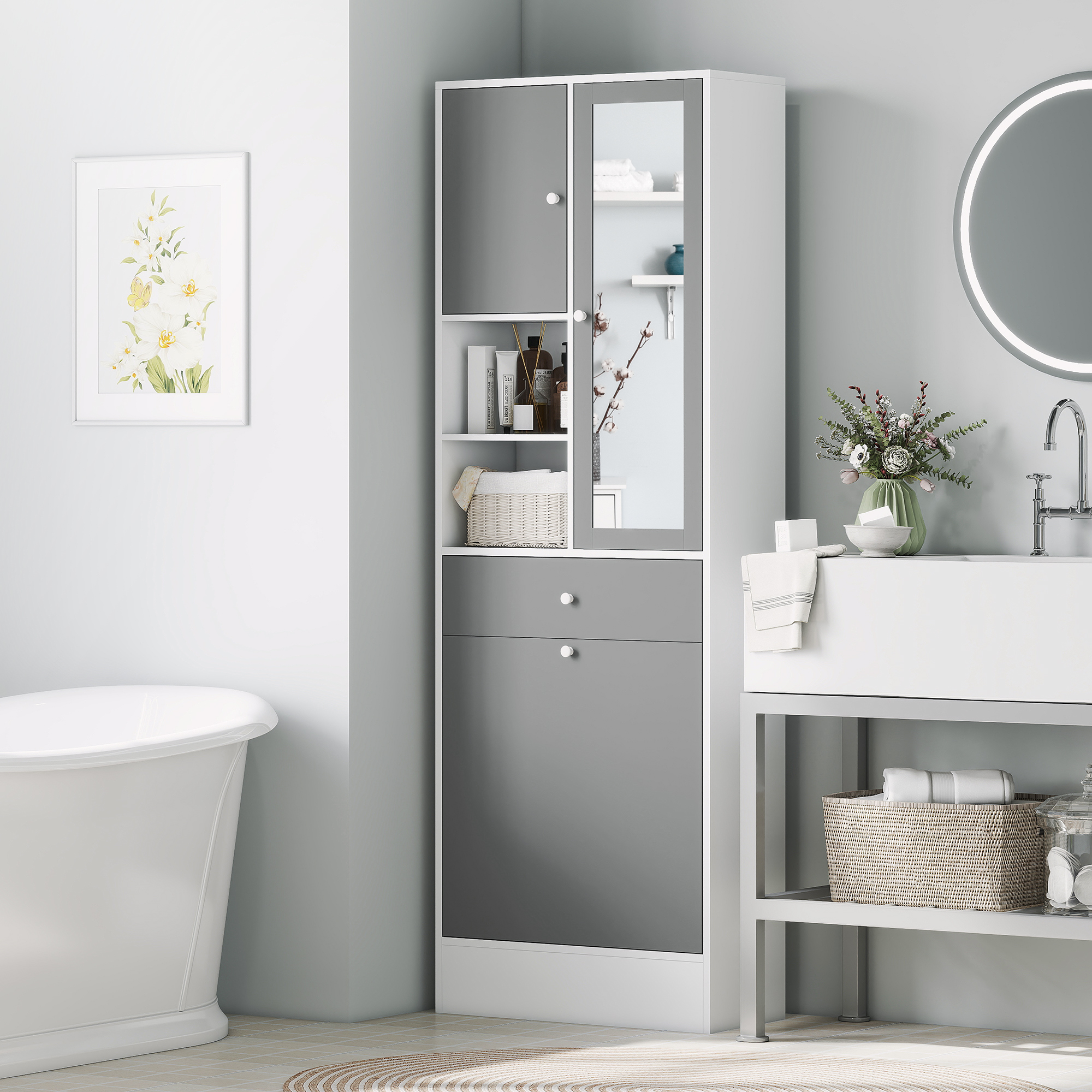 Badezimmerschrank Mit Wäschekorb, Spiegel, Schublade, Fächern Und Verstellbaren Einlegeböden, 62 X 28,3 X 181 Cm, Weiß Und Grau