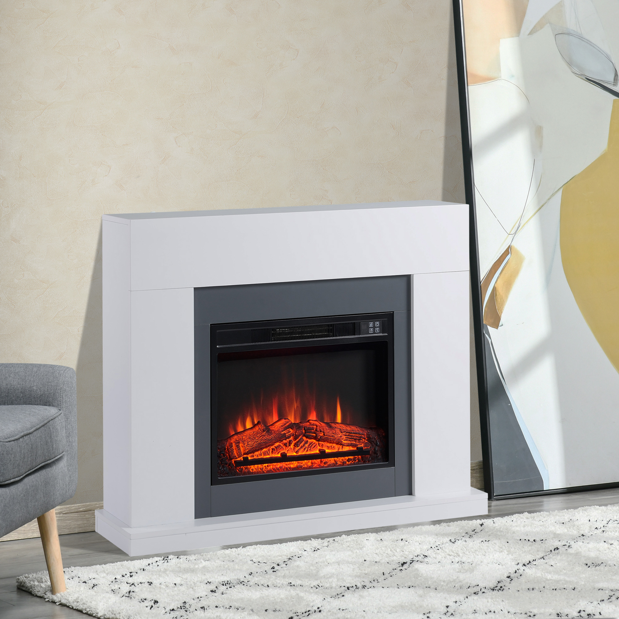Elektrischer Kamin Mit Flammeneffekt Und Heizfunktion, 1800/2000 W, Mit Fernbedienung, Thermostat, Überhitzungsschutz, 37 M² Raumabdeckung, 7-tage-timer, Weiß