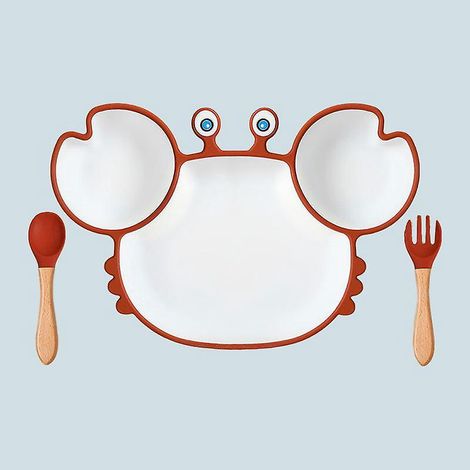 Dreiteiliges Zweifarbiges Braunes Krabben-teller-set Mit Fächern, Babynahrungstablett, Schüssel, Babynahrungsergänzungsmittel, Geschirr, Teller, Gabel, Löffel