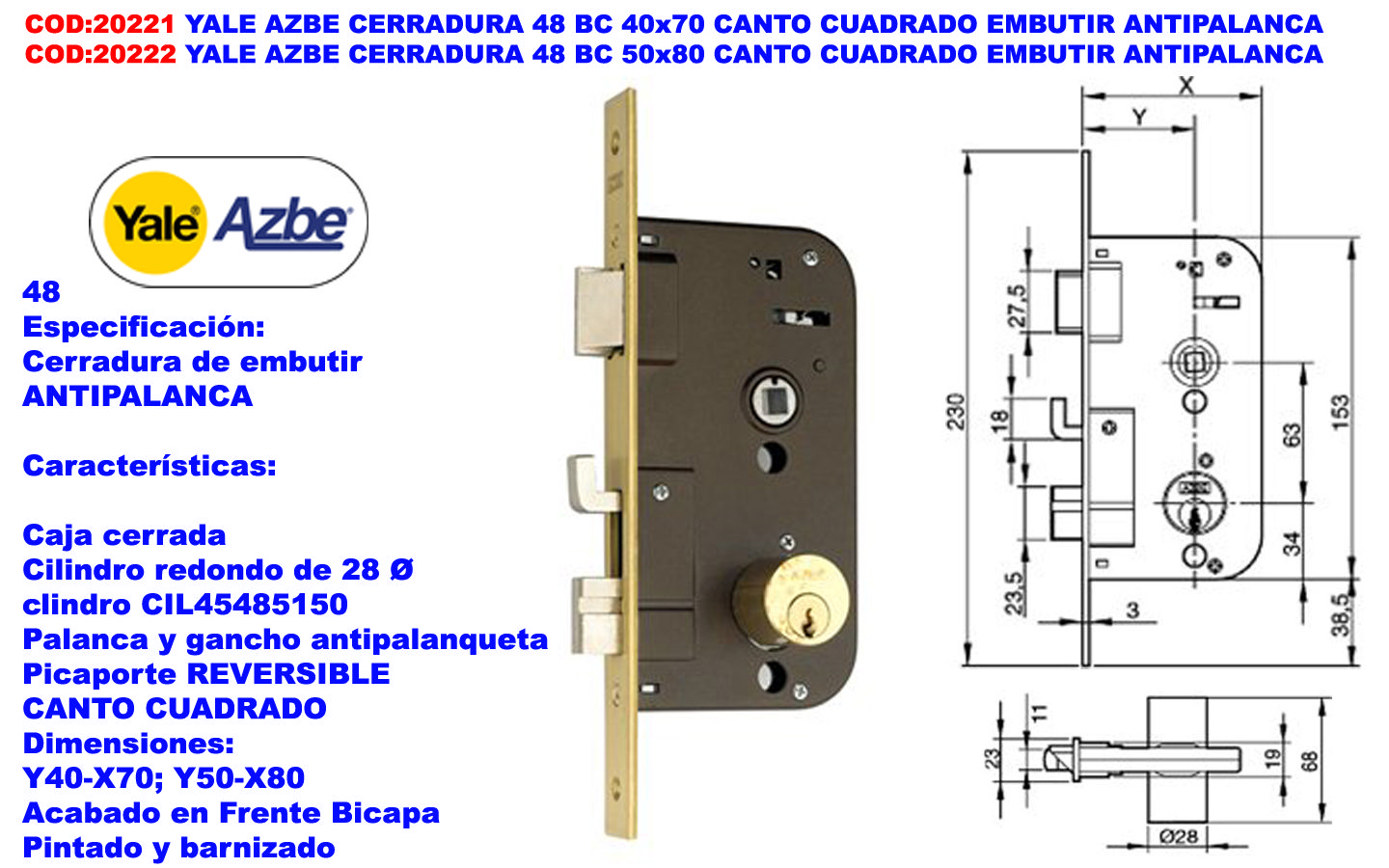 Yale Azbe 48 Bc 40x70 Einsteckschloss Mit Anti-hebel-vierkant