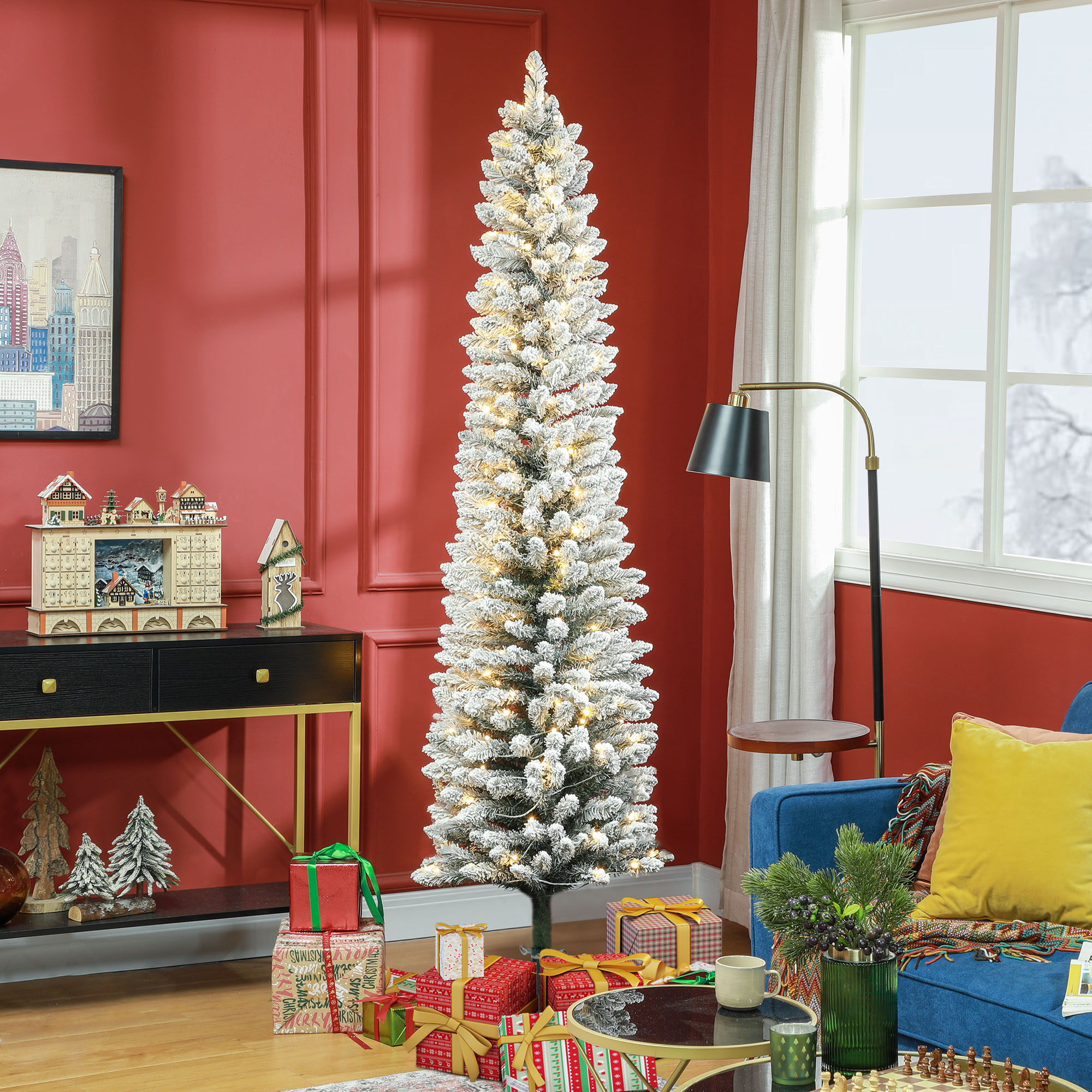 Künstlicher, Schneebedeckter Weihnachtsbaum, 210 Cm Hoch, Mit 180 Led-lichtern, 405 Zweigen Und Metallbeinen Für Das Wohnzimmer, Grün Und Weiß