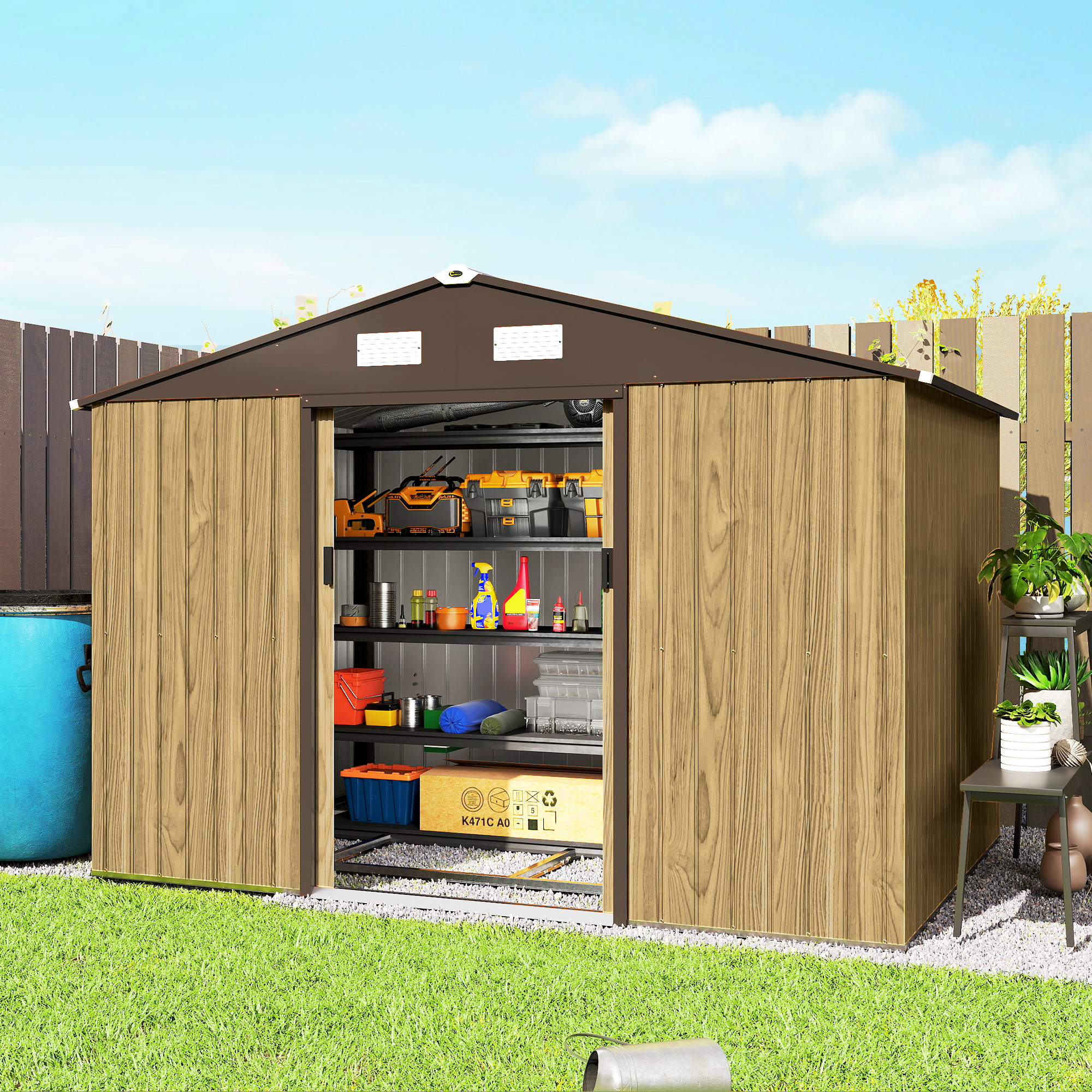 Gartenhaus 4,9 M² (277 X 195 X 192 Cm) Mit Schiebetür, Belüftung Und Fundament-set, Braun