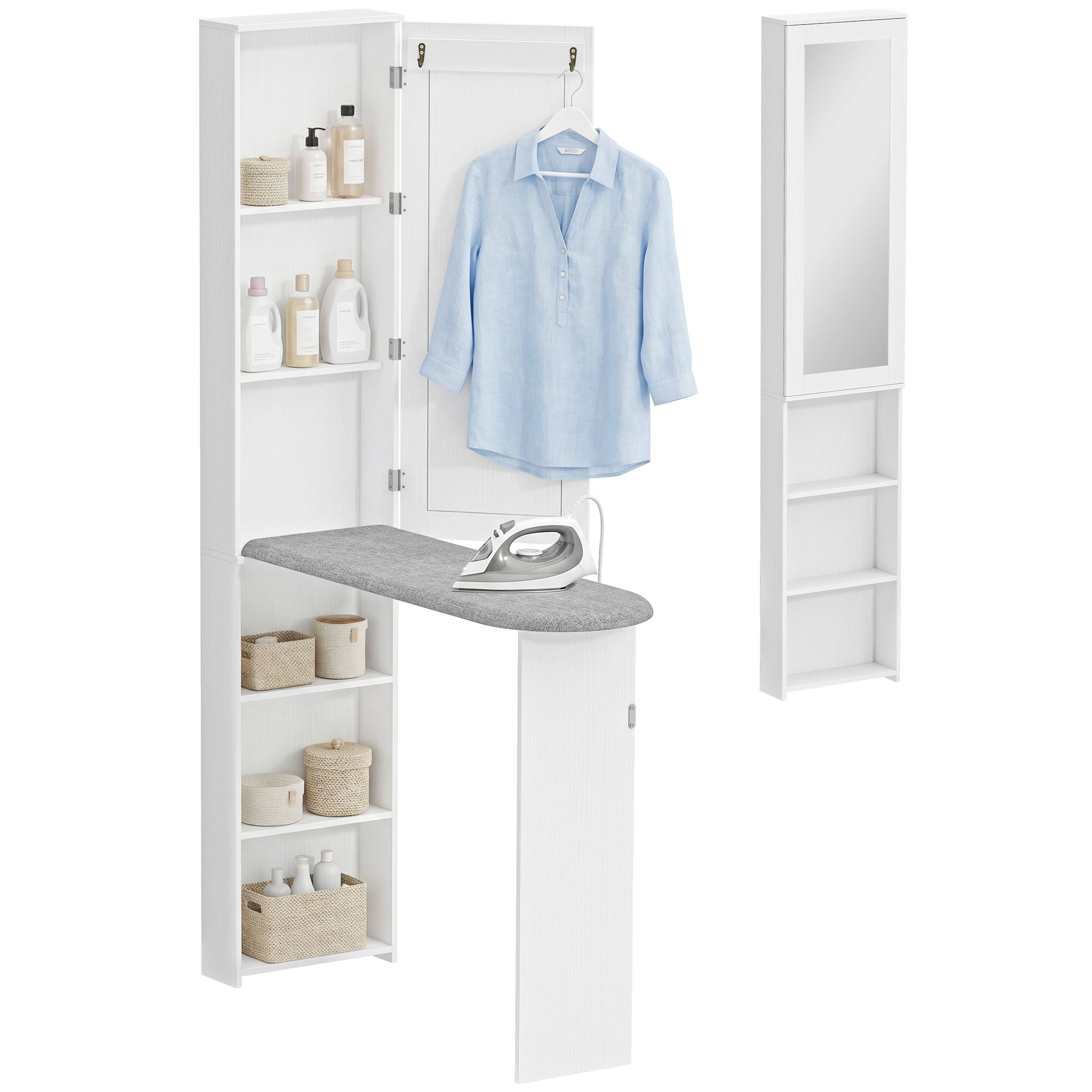 Faltbar Bügelbrettschrank Mit Tür Internen Regalen Spiegel Platzsparend Bügeltisch Für Wäschepflege 106x35x174 Cm Weiß