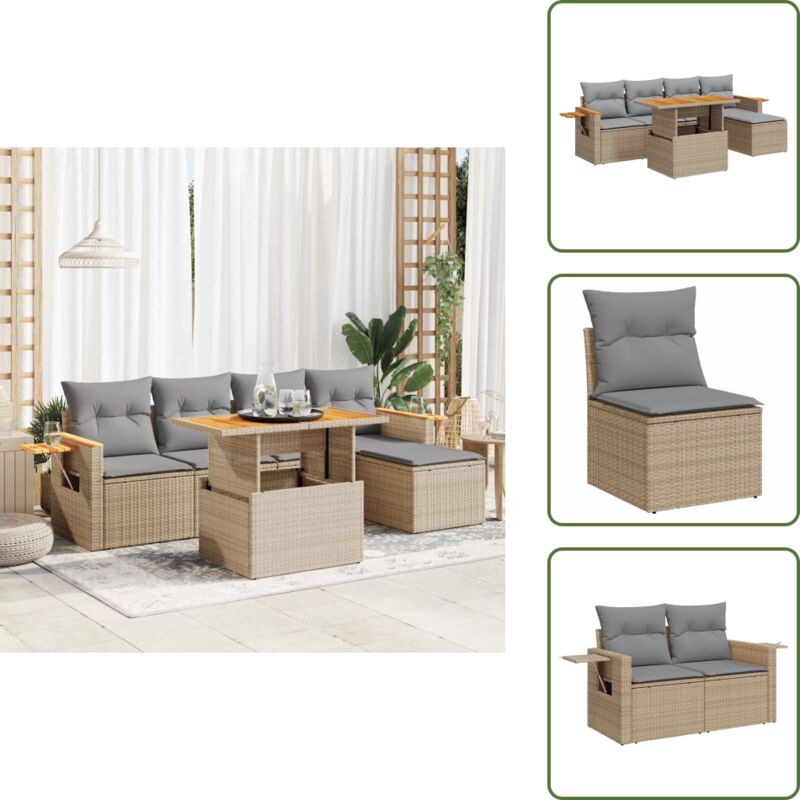 6-tlg. Garten-sofagarnitur Mit Kissen Beige Poly Rattan Akazie - Garten Sofagarnitur - Garten Sofagarnituren - Outdoor Sofagarnitur - Sofagarnitur Terrasse