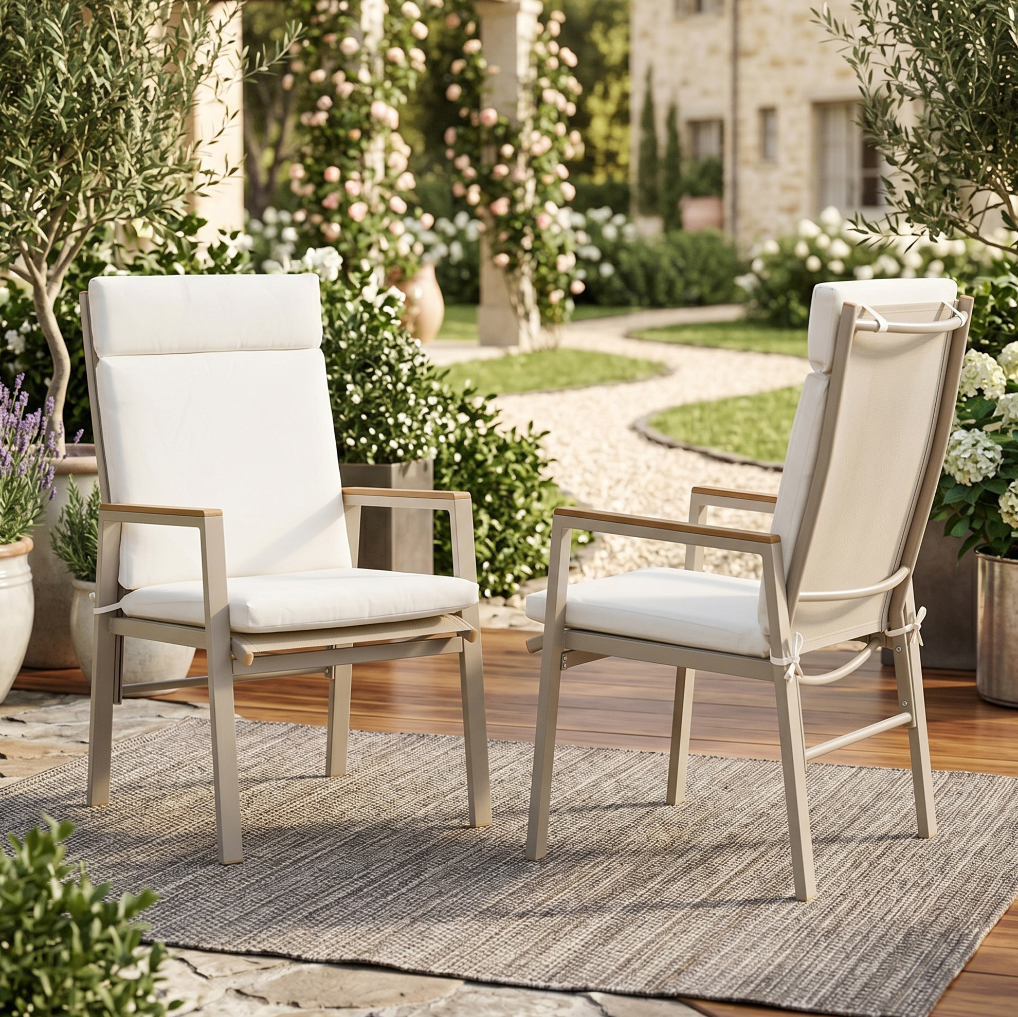 Gartenstühle 2er-set Mit Armlehnen, Sitz Aus Teslin, Gestell Aus Verzinktem Eisen, Beige/khaki