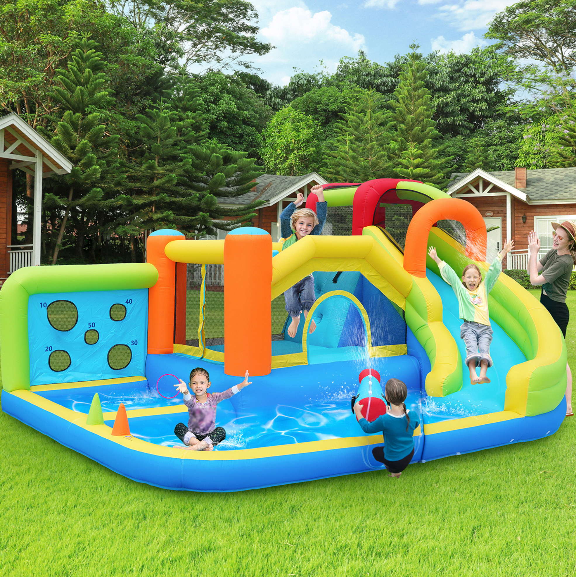 Wasser-hüpfburg Für Kinder 410 X 315 X 203 Cm Mit 450-w-gebläse Okmyhome
