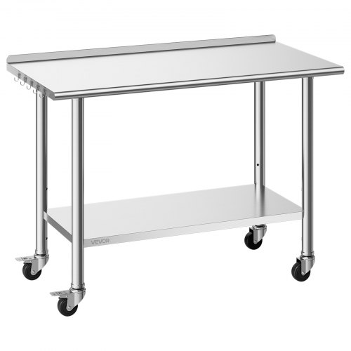 Edelstahltisch Gastro 1220 X 610 X 894 Mm, Verstellbarer Edelstahltisch Mit Rollen, Aufkantung (30 Mm), Arbeitstisch Mit Grundboden Für Restaurant Obere Ablage (245 Kg) Untere Ablage (204 Kg)