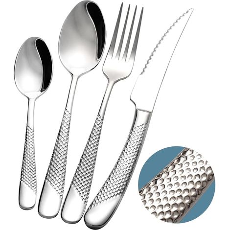24-teiliges Gehämmertes Besteckset Mit Ultrascharfem 2-in-1-messer Mit Wellenschliff, 18/10 Edelstahl-besteckset Für 6 Personen, Besteckset Inklusive Messer, Gabeln Und Löffel.