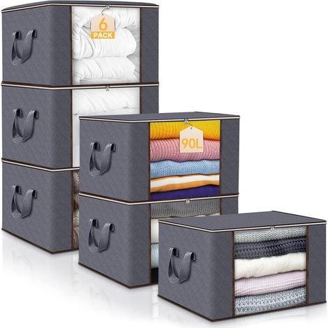 Lot De 6 Sac Rangement Vetement, 90l Caisse Rangement Pliable, Conteneurs De Rangement Pour Organizer Les Chambres, Armoires, Vêtements, Couettes, With Couvercle Et Poignées, Gris