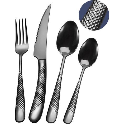 Modernes 24-teiliges Besteckset, Gehämmert Schwarz, Ultrascharfe 2-in-1-messer Mit Wellenschliff, 18/10 Edelstahl, Service-set Für 6 Personen, Messer, Gabeln, Löffel