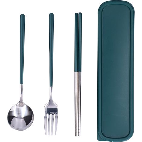 3-teiliges Edelstahl-besteckset Zum Malen, Essstäbchen, Löffel, Gabel, Küchen-/büro-set, Grün Und Silber