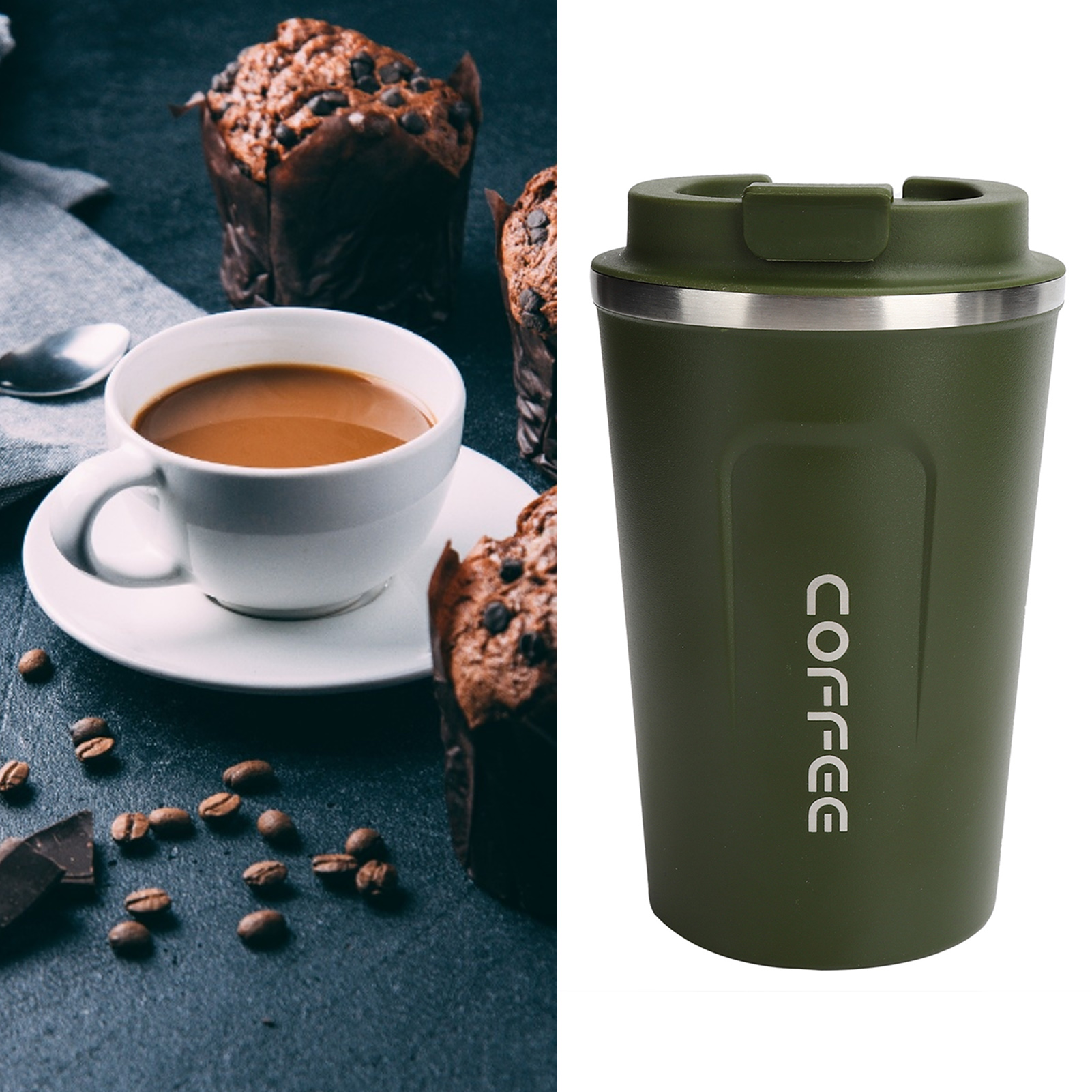 380 Ml Doppelwandiger, Isolierter Edelstahlbecher, Auslaufsicher, Tragbarer Kaffeebecher Fürs Auto (grün)