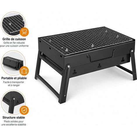 Tragbarer, Faltbarer Grill Aus Schwarzem Eisen, 43 X 22 X 29 Cm – Holzkohlegrill Für Camping