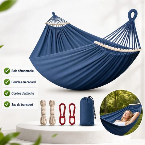 Gartenhängematte 220 X 150 Cm, Blaues Segeltuch – Doppelhängematte Mit Abnehmbarer Holzstange Und 4 M Gurten