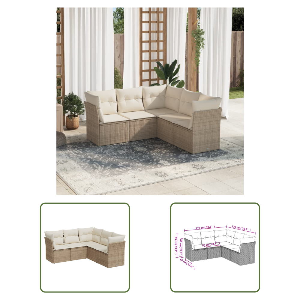 The Living Store 5-tlg. Garten-sofagarnitur Mit Kissen Beige Poly Rattan - Gartensorte - Outdoor Möbel - Lounge Set - Gartenlounge - Rattan Sofa