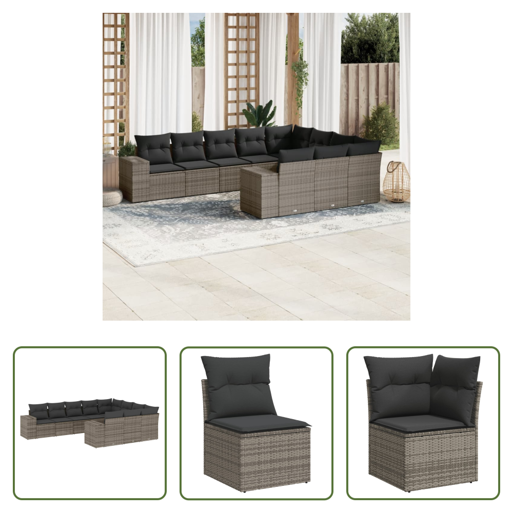 Rattan - 10-tlg. Garten-sofagarnitur Mit Kissen Grau Poly Rattan