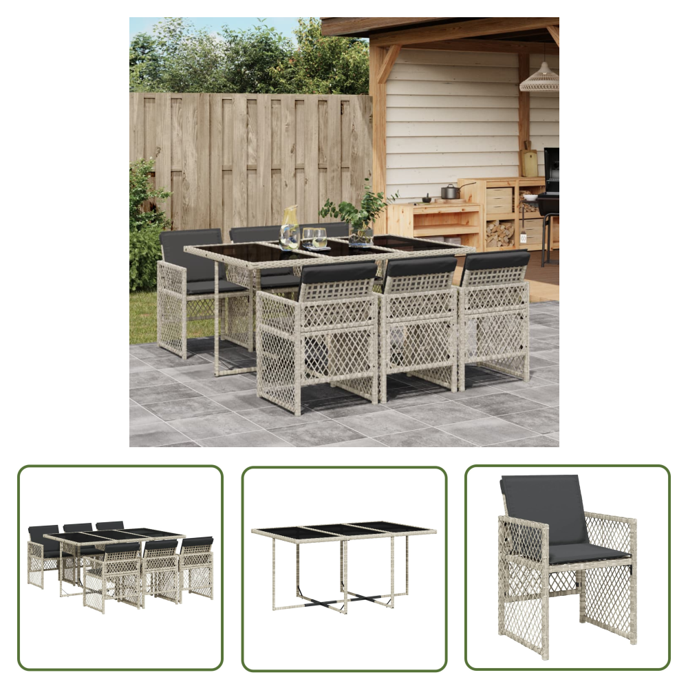 The Living Store 7-tlg. Garten-essgruppe Mit Kissen Hellgrau Poly Rattan - Gartenmöbel - Essgruppe - Gartenset - Outdoor Möbel - Terrassenmöbel