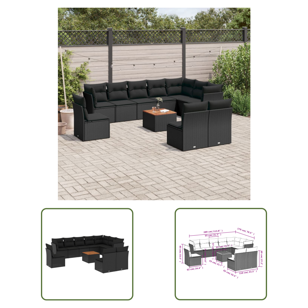 The Living Store 11-tlg. Garten-sofagarnitur Mit Kissen Schwarz Poly Rattan - Gartengestelle - Gartenmöbel - Outdoor Möbel - Lounge Set - Rattan Gartenmöbel