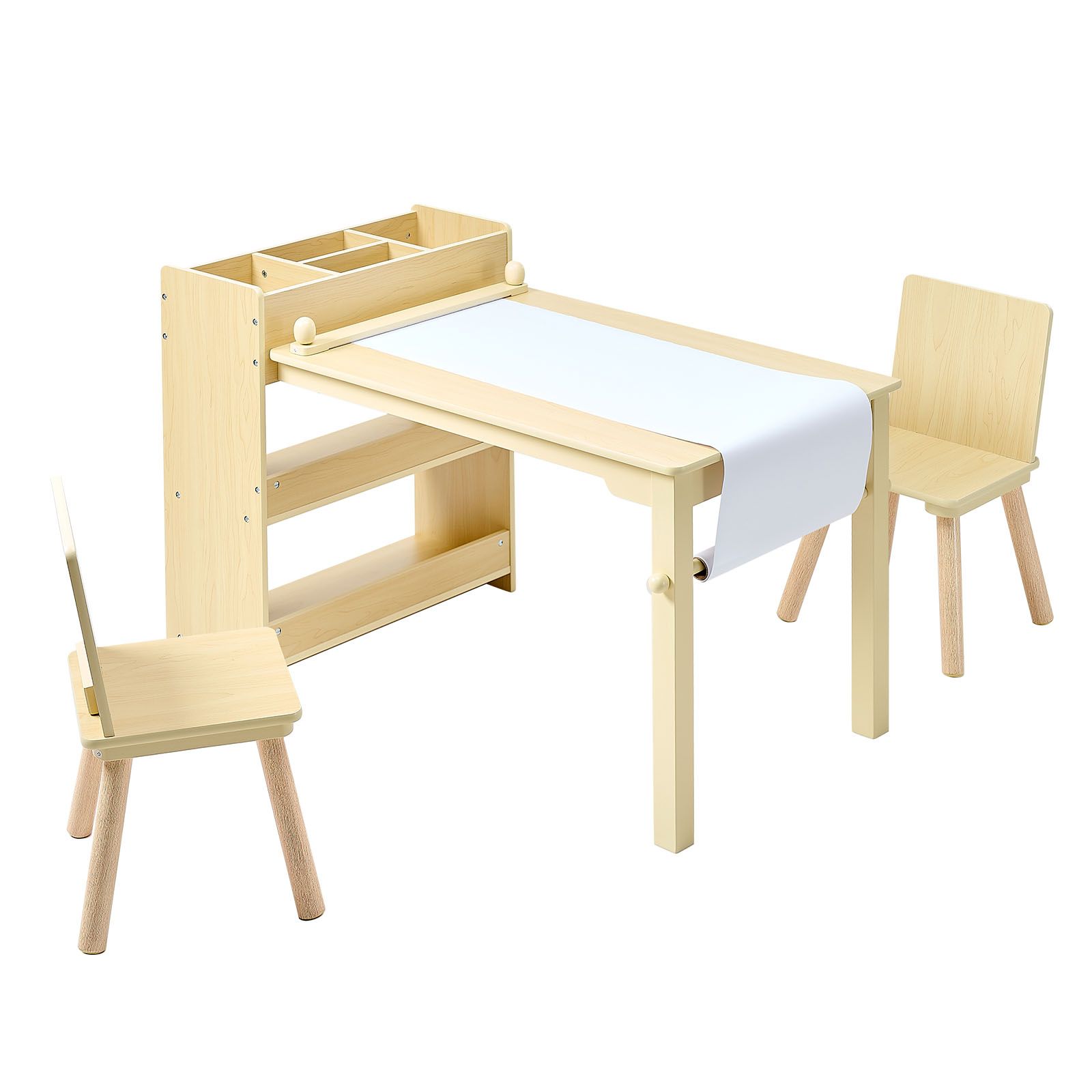 Kindertisch Und Stühle Aus Holz, Aktivitätstisch Mit 3 Schubladen Zum Lesen, Zeichnen Und Schreiben, Helles Holz.